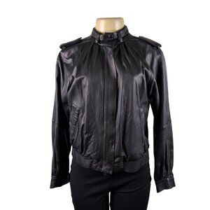 Theory Womens Black Leather Jacket Small Italy Epaulet Bomber Style Zip Closure